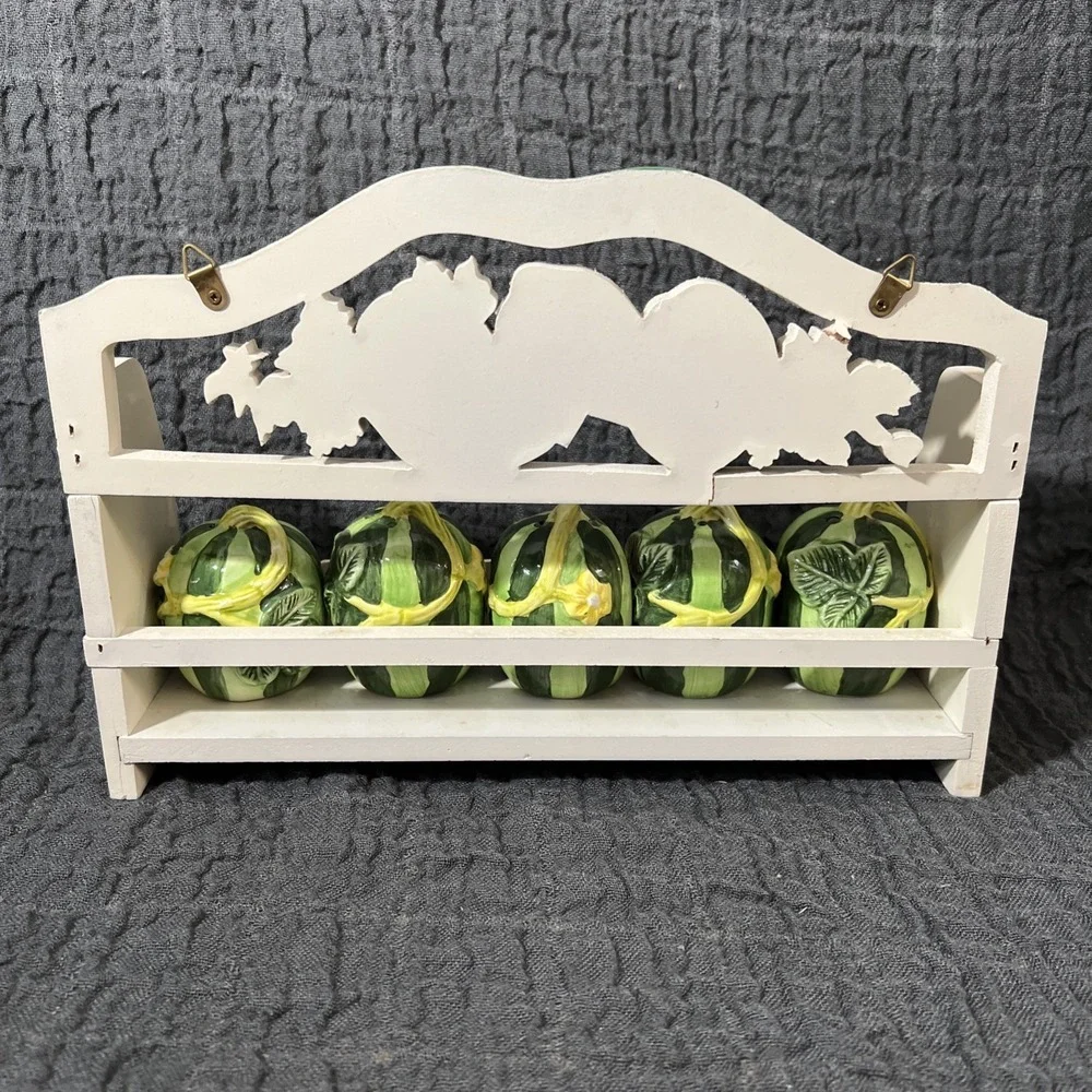 Vintage Wooden Spice Rack with 5 Ceramic Bottles Watermelon‎ Shaped